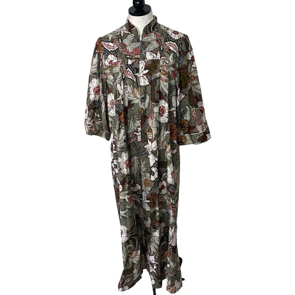 Vintage Ruth Norman Womens Robe Size Small Cotton Floral Green Zipper Loungewear